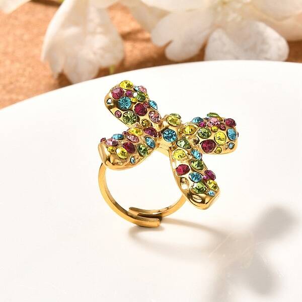 Bowknot 304 Stainless Steel Rhinestone Cuff Rings for Women