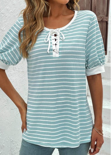 Modlily Mint Green Lace Up Short Sleeve T Shirt - L