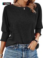 Women's Plain Frill Trim Shirred Batwing Sleeve Tee, Casual 3/4 Sleeve Round Neck T-shirt for Summer, Women's Top for Daily W...