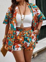 【Plus Size】 2 Counts Floral Print Two-Piece Set without Cami Top, Casual Half Sleeve Outwear & Pocket Shorts for Summer, ...