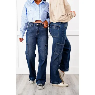 Judy Blue Hot Mess High Rise Dark Wash Cargo Wide Leg Jeans