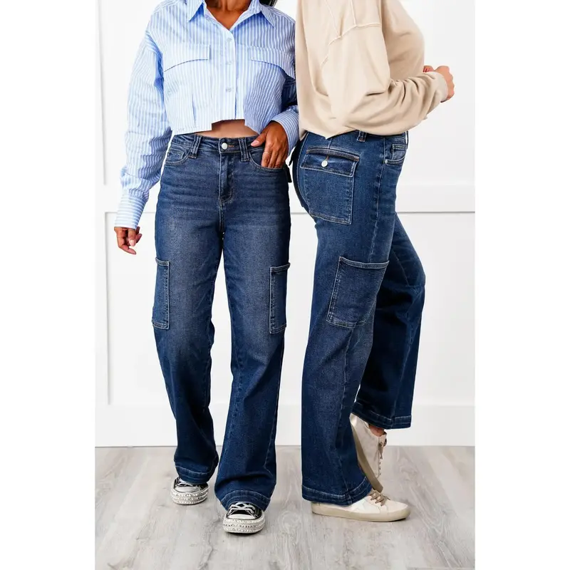 Judy Blue Hot Mess High Rise Dark Wash Cargo Wide Leg Jeans