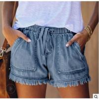 Women’s Washed Denim Shorts, Casual Drawstring Elastic Waist Frayed Hem Loose Short Jeans Slimmer Look High Waist Women Cas...