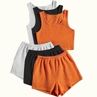 Women's Casual Solid Color Two-Piece Set - Sleeveless Ribbed Tank Top & Elastic Waist Shorts, Polyester Blend, Machine Washab...