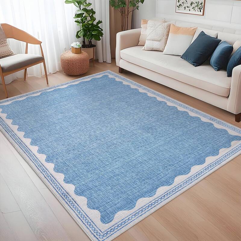 Garvee Modern Blue 4x6 Scalloped Washable Area Rug Low Pile Non-Slip Rubber Backing 100% Polyester Modern Soft Durable Living...