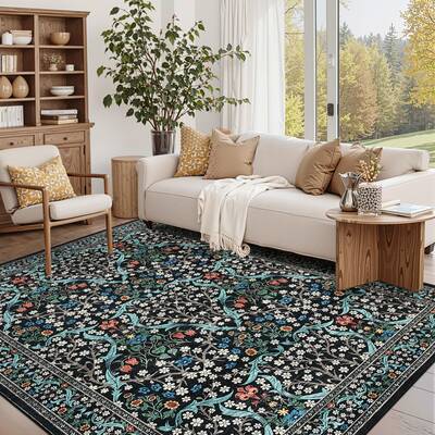 Garvee Area Rug 9x12 Black Floral Print Low Pile Washable Non Slip Faux Wool Durable for Living Room Bedroom Dining Room Home...