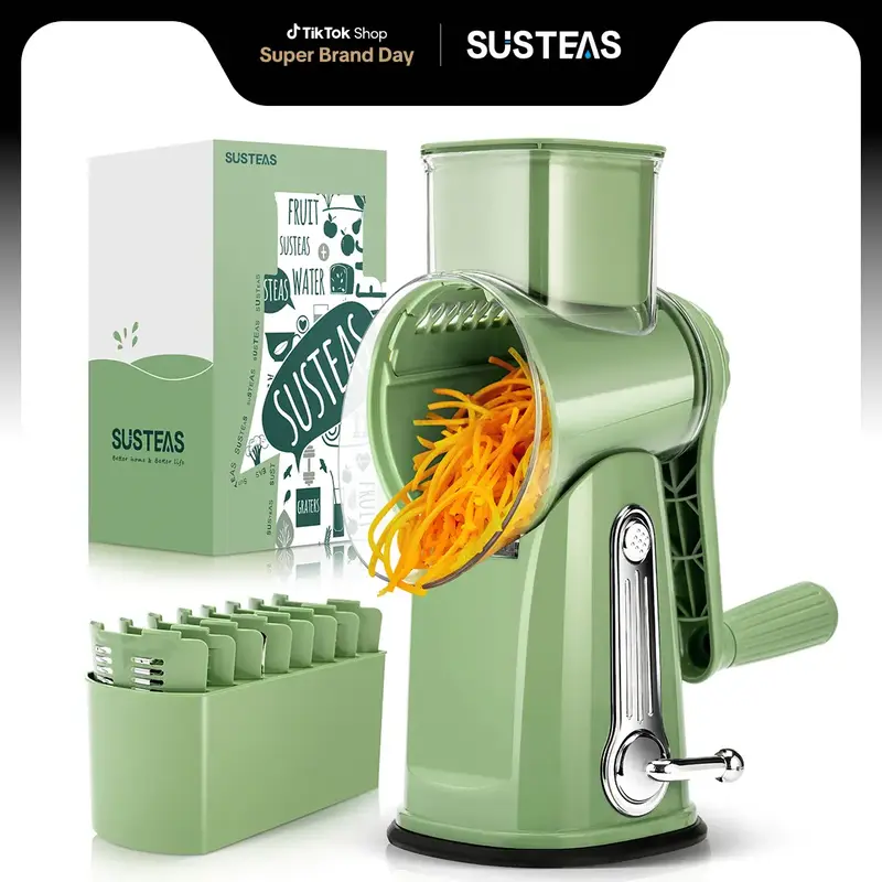 SUSTEAS Green Rotating Kitchen Cheese Grater Food Chopper with 5 Well-Designed Blades and Strong Suction Cup Base, Comes with...