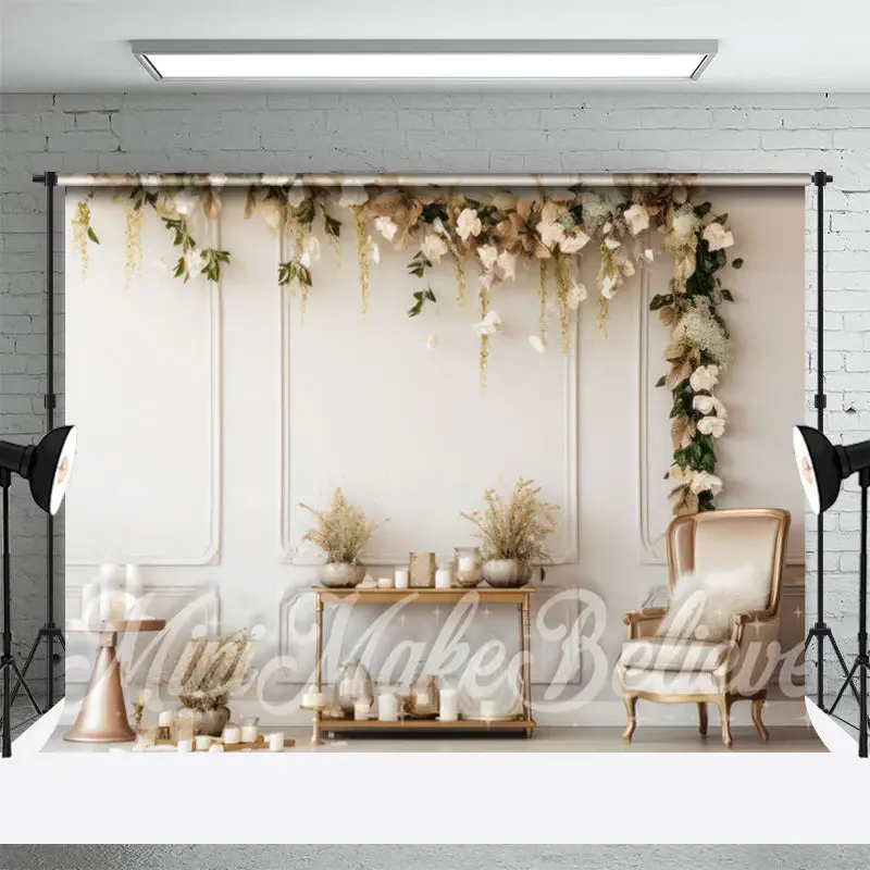 White Art Wall Floral Birthday Cake Smash Backdrop - Aperturee