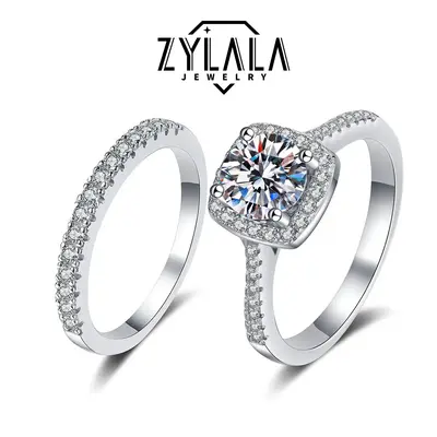 [245] 0.5/1/2CT Synthetic Moissanite Square Ring + Eternity-band Set Square Halo Design 925 Sterling Silver Promise Ring Enga...