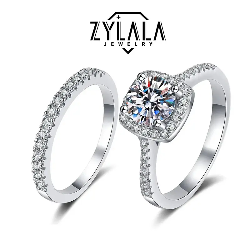 [245] 0.5/1/2CT Synthetic Moissanite Square Ring + Eternity-band Set Square Halo Design 925 Sterling Silver Promise Ring Enga...