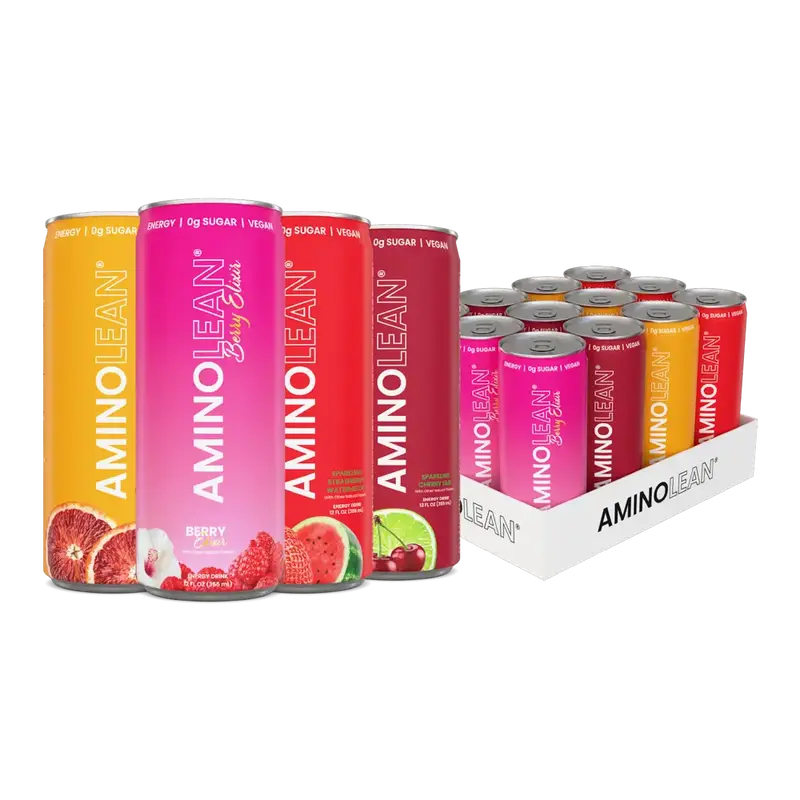 AminoLean Energy Drink (12 Pack) - Natural Caffeine from Green Tea, Zero Sugar, Vegan - 12 oz Cans Beverage Sport