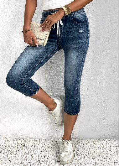 Modlily Denim Blue Skinny Elastic Waist High Waisted Shorts - L