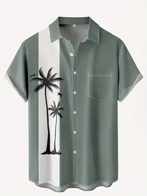 Men's Plus Size Coconut Tree Print Button Front Shirt, Vacation Outfits, Loose Casual Short Sleeve Collared Top For Summer, ...