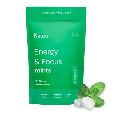 Neuro Energy Caffeine Mints (90 Pieces) - Sugar-Free Nootropic Mints for Energy & Focus with L-theanine, Natural Caffeine, Vi...