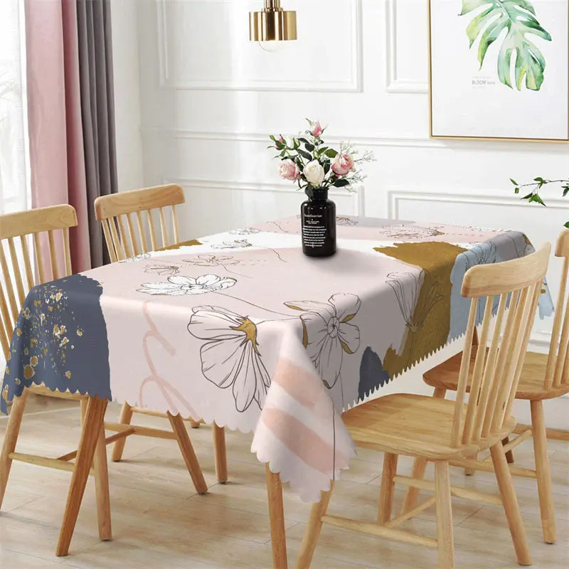 Black Line Flowers Pink White Rectangle Tablecloth - Aperturee