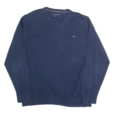 TOMMY HILFIGER Mens Jumper Blue V-Neck Tight Knit 2XL
