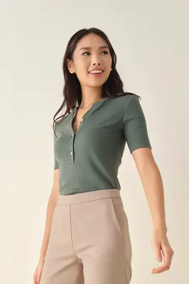 Henley Ribbed Tee - Sage | Size: XS