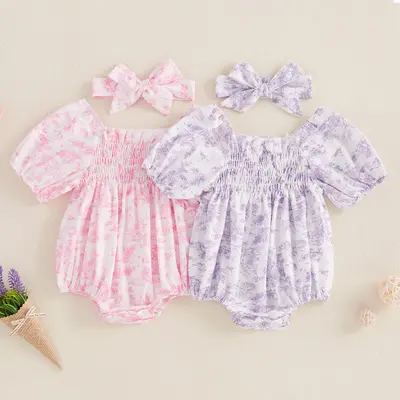 Newborn Baby Girl Romper Summer Clothes Infant Floral Ruched Puff Sleeve Bubble Romper Short Sleeve Bodysuit Outfits