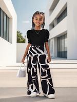Girl's Solid Color Top & Geometric Print Pants Two-piece Set, Children Casual Fashion Cozy Two Piece Outfits for Daily Outdoo...
