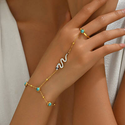Elegant Ladies Natural Turquoise & Stainless Steel Snake Ring Bracelets for Women