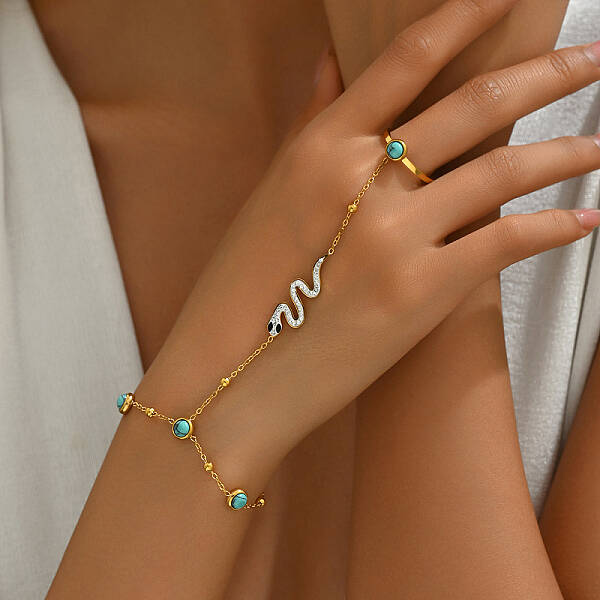 Elegant Ladies Natural Turquoise & Stainless Steel Snake Ring Bracelets for Women