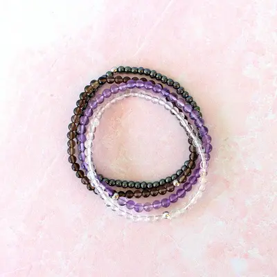 Shield Your Energy Natural Crystal Bracelet Set | Amethyst, Smoky Quartz, Hematite & Clear Quartz | Dainty, 4mm