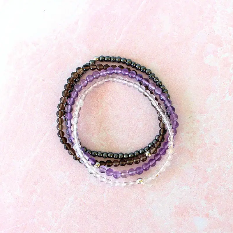 Shield Your Energy Natural Crystal Bracelet Set | Amethyst, Smoky Quartz, Hematite & Clear Quartz | Dainty, 4mm
