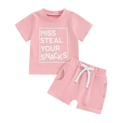 Miss Steal Your Snacks Baby Girl Outfit Toddler Girls Summer Clothes Funny Letter Short Sleeve T Shirt Tops and Rolled Shorts...