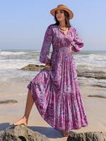 Women's All Over Print Shirred Tie Neck Ruffle Hem Long Sleeve A Line Dress, Boho Fashion Lantern Sleeve Dress for Beach Holi...