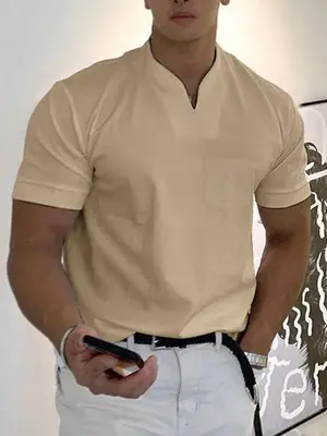 Loose V Neck Short Sleeves T-Shirt, Khaki / XXL