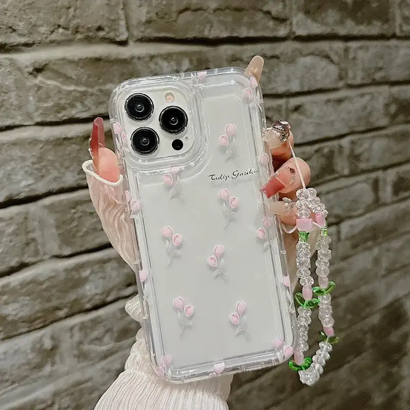 Tulip & Letter Pattern Phone Case with Lanyard, 1 Count Anti-fall Fully Edged Mobile Phone Cases, Decorative Phone Protector ...