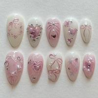 Heart & Bow Pattern Rhinestone & Pearl Decor Fake Nails & Nail File and Nail Tape, 24pcs Removable False Nails for Women Nail...