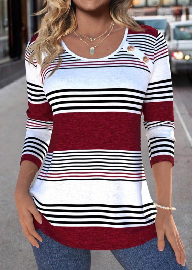 Modlily Deep Red Patchwork Striped Long Sleeve T Shirt - L