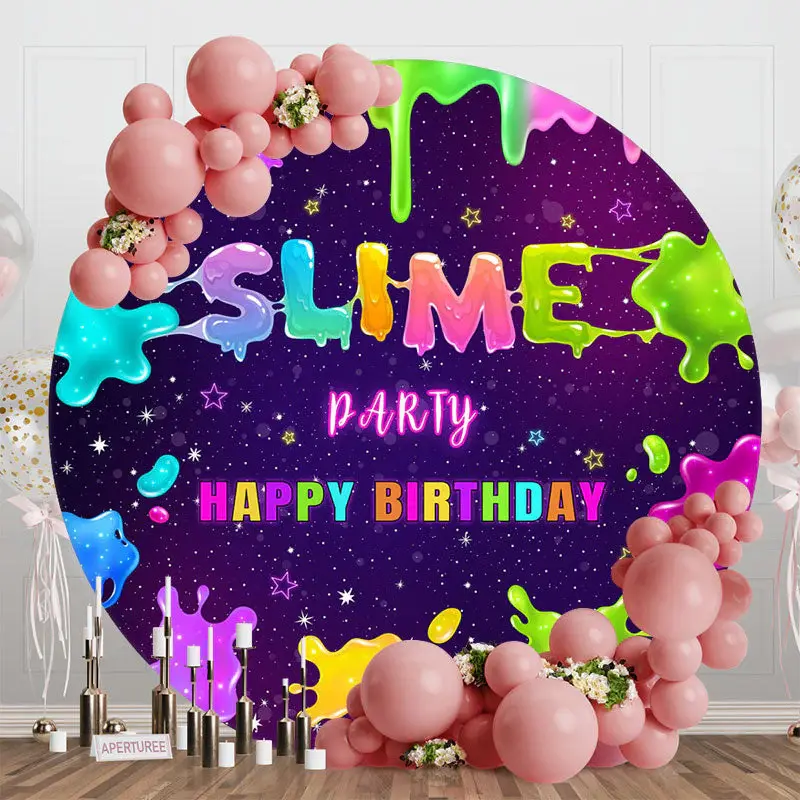 Colorful Slime Party Round Happy Birthday Backdrop - Aperturee