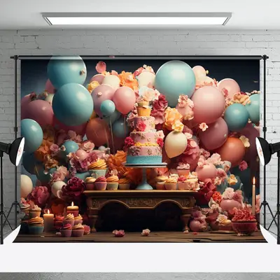 Colorful Cup Cake Balloon Floral Backdrop For Photo - Aperturee