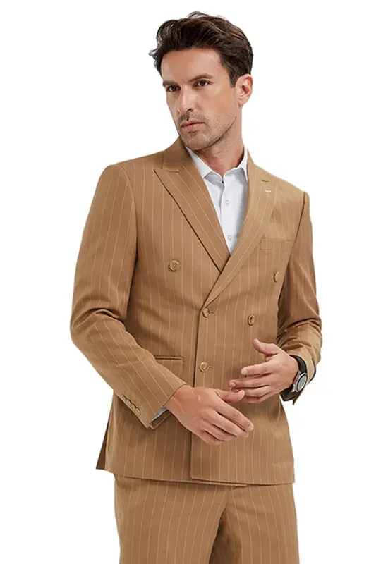 Men's Slim Fit Pinstripe Suit - Double Breasted Bold Gangster, Camel