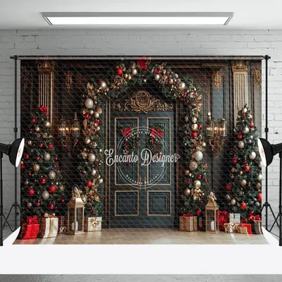 Aperturee Green Gold Door Festive Christmas Vibe Photo Backdrop | Christmas Backgrounds Fireplace | Xmas Backdrop | Christmas...