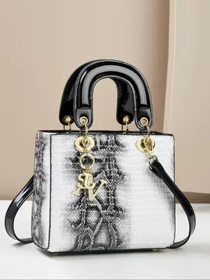 Women's Fashionable Snakeskin Print Textured Handbag with Charm, Casual Versatile Zipper Shoulder Bag for Daily Used, Trendy ...