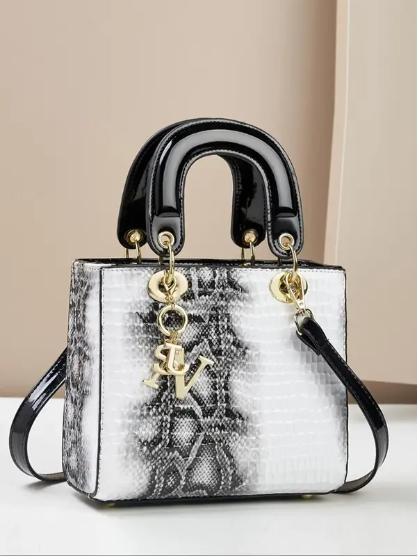 Women's Fashionable Snakeskin Print Textured Handbag with Charm, Casual Versatile Zipper Shoulder Bag for Daily Used, Trendy ...