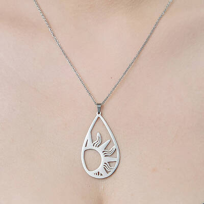 Non-Tarnish 201 Stainless Steel Hollow Teardrop with Sun Pendant Necklace