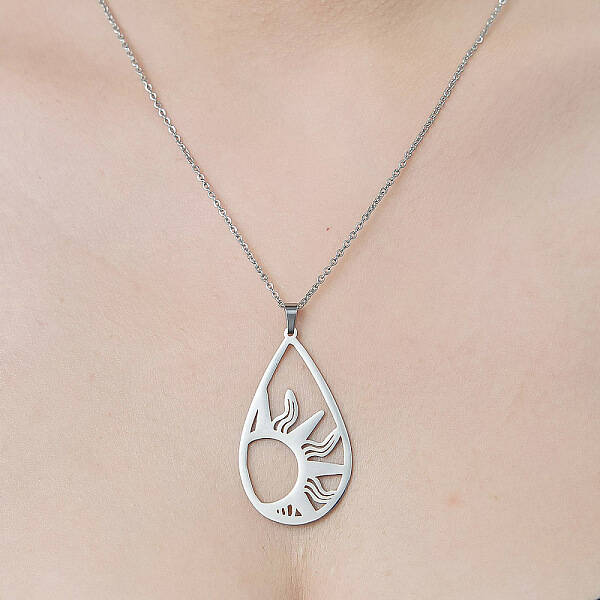 Non-Tarnish 201 Stainless Steel Hollow Teardrop with Sun Pendant Necklace