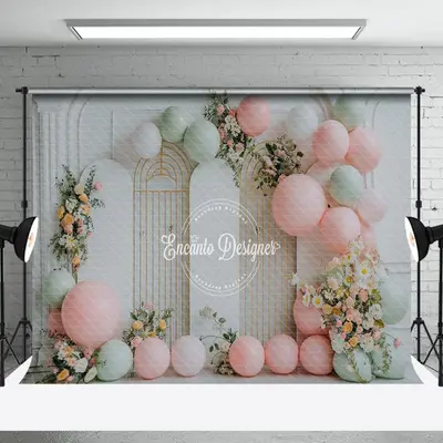Luxury White Wall Balloon Floral Cake Smash Backdrop - Aperturee