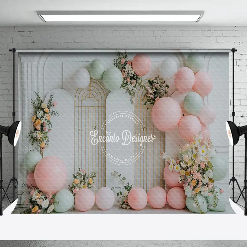 Luxury White Wall Balloon Floral Cake Smash Backdrop - Aperturee