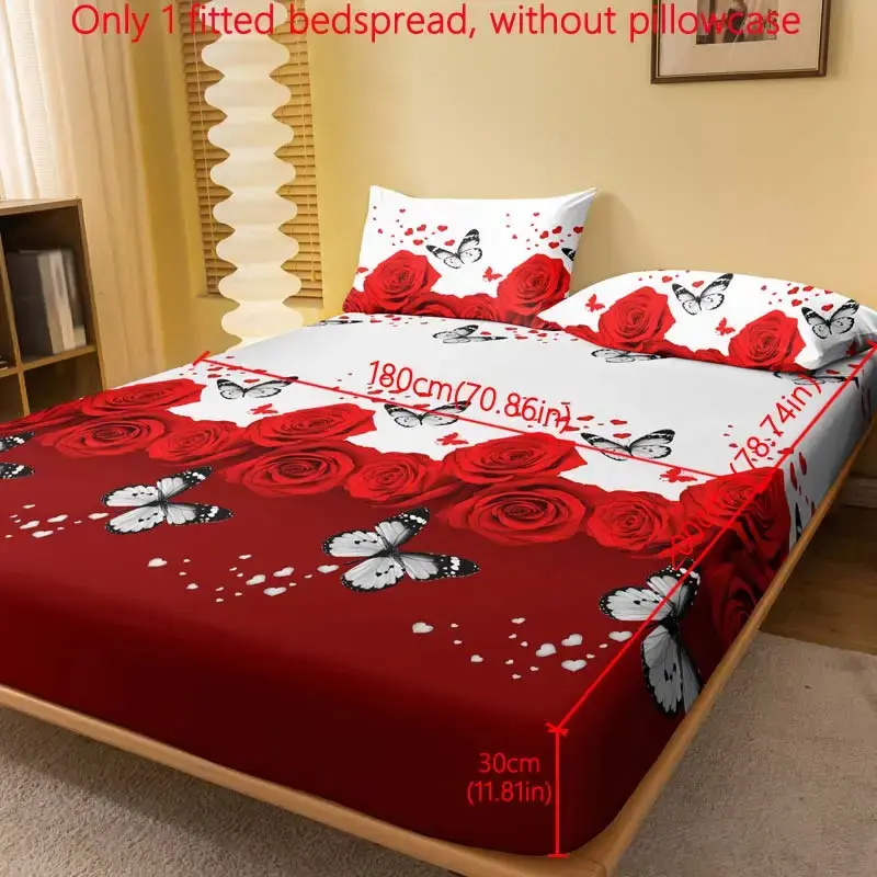 Rose Print Fitted Sheet, 1 Count Floral Pattern Comfy Bedding Bedspread, Modern Romantic Design Summer Bedding For Home Bedro...