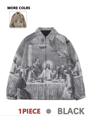 Men's Figure Print Zip Up Sports Jacket, Casual Long Sleeve Pocket Outerwear for Outdoor Sports, Fashion Men's Clothes for Al...