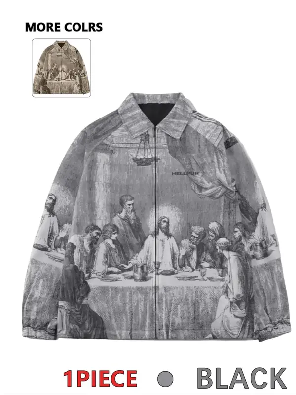 Men's Figure Print Zip Up Sports Jacket, Casual Long Sleeve Pocket Outerwear for Outdoor Sports, Fashion Men's Clothes for Al...