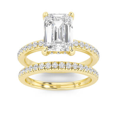 Aurelia Lab Grown Emerald Cut Diamond Engagement Ring with the BonBon Half Coverage Wedding Band | 10K Yellow Gold 2 1/6 ct. ...