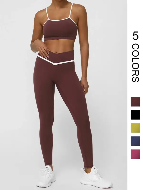 Two-Piece Set Women's Contrast Binding Crop Tank Top & High Waist Leggings Tracksuit Set, Sporty Casual Breathable Outfits fo...