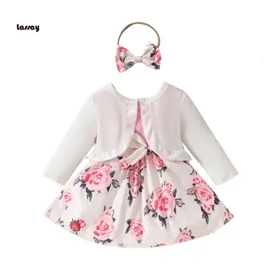 Toddler Girls Fashion Outfits Floral A-Line Sleeveless Dress Long Sleeves Jacket and Headband for Summer Clothes