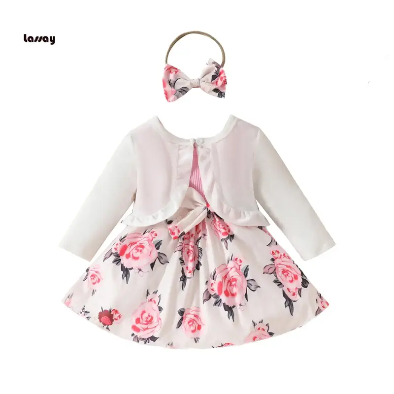 Toddler Girls Fashion Outfits Floral A-Line Sleeveless Dress Long Sleeves Jacket and Headband for Summer Clothes